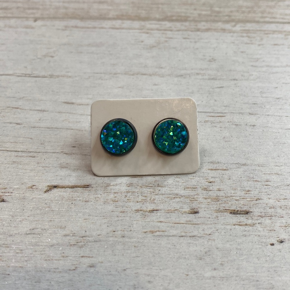 Teal Iridescent Faux Druzy Quartz Stud Earrings